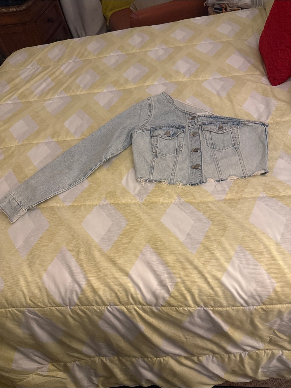 Zara Pale Blue Cropped One-Sleeve Denim Jacket.  Item runs small.